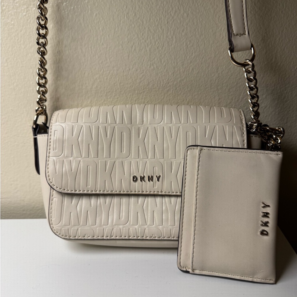 DKNY Sina Mini Crossbody + Card Holder Cream Embossed Logo
